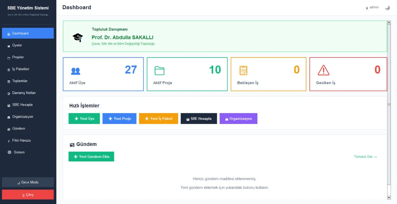 SBE - Dashboard ekranı